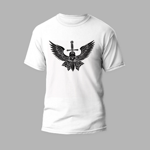 white round neck t-shirt with wing skull